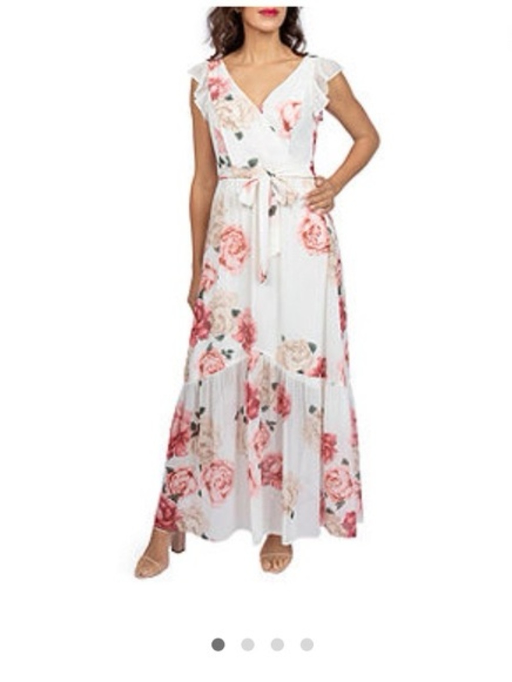 White Maxi Dress with Pink Rose Print and Tie Waist